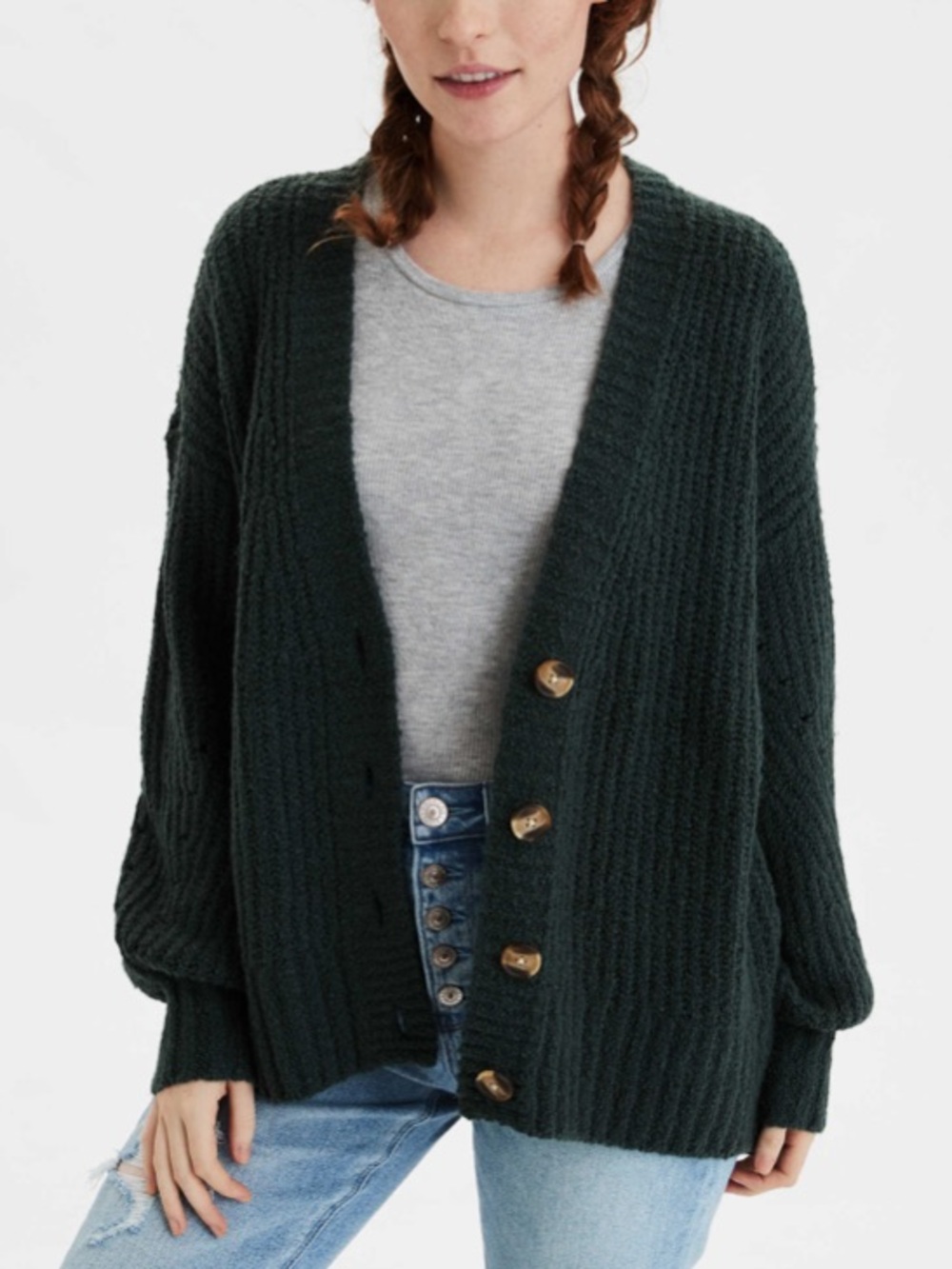 NWOT American Eagle XS Dark Green Sweater Button Up Cardigan Top